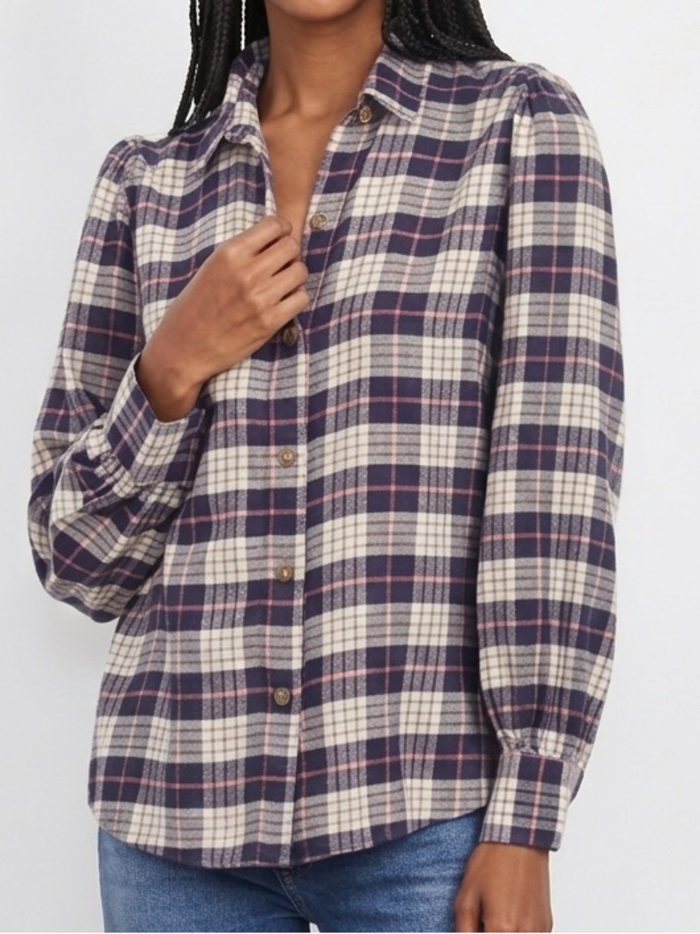 Rails Angelica Plaid Flannel Shirt Almond Pink Navy Button Front Size L